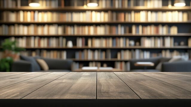 An old wooden table in front of bookshelves filled with books, blurred background