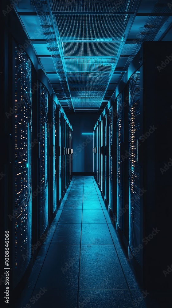 Poster a dimly lit server room showcasing illuminated data servers, creating a futuristic and high-tech atm
