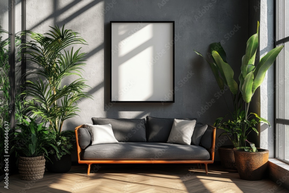 Poster minimalist art display, contemporary canvas frame mockup with black border ideal for displaying mini