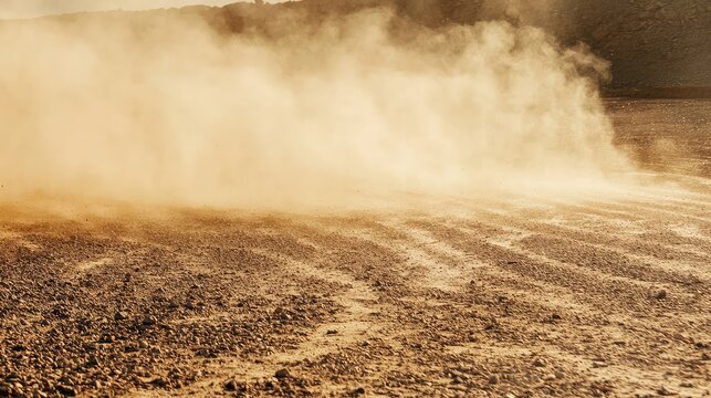 A dusty landscape with swirling dust clouds, representing arid conditions and the beauty of nature's raw elements.