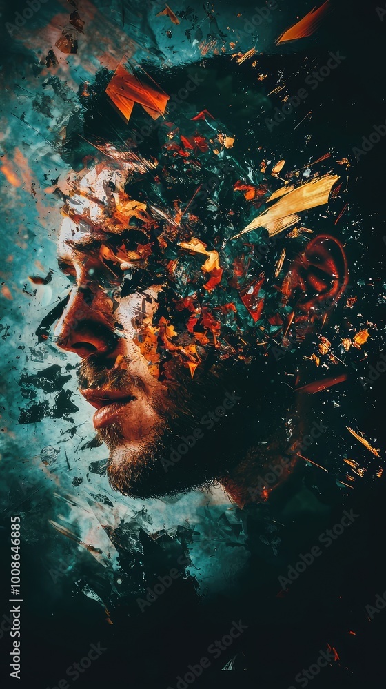 Poster a dynamic art piece showing a fragmented face, symbolizing transformation and the complexity of iden