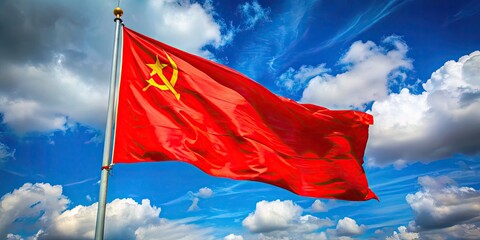 Red flag waving proudly in the wind symbolizing communist party ideology and revolutionary spirit