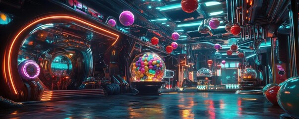 A vibrant, futuristic interior with illuminated orbs and geometric designs, showcasing a playful and colorful atmosphere.