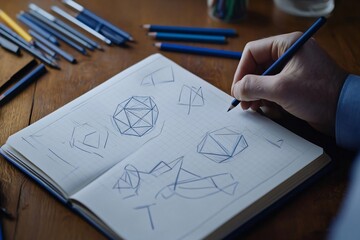 A hand sketches geometric shapes in a notebook surrounded by colorful pens and pencils on a wooden desk.