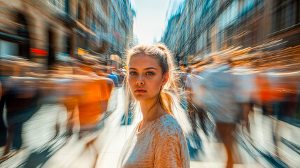 Jeune femme de face au milieu de la foule en mouvement
