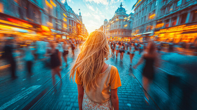 Jeune femme de dos au milieu de la foule en mouvement