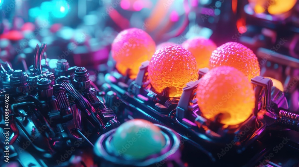 Poster a close-up view of colorful glowing orbs surrounded by intricate machinery, creating a futuristic an