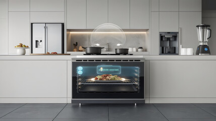 Fototapeta premium An AI-enhanced smart oven in a contemporary kitchen, independently cooking a delicious meal.