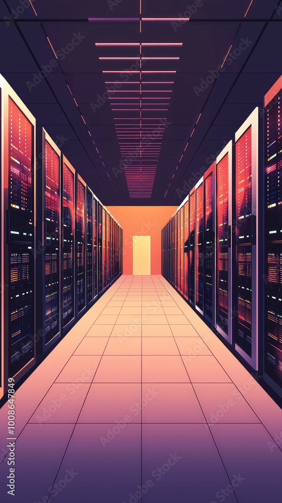 Poster a futuristic data center corridor featuring rows of servers illuminated by vibrant colors, ideal for