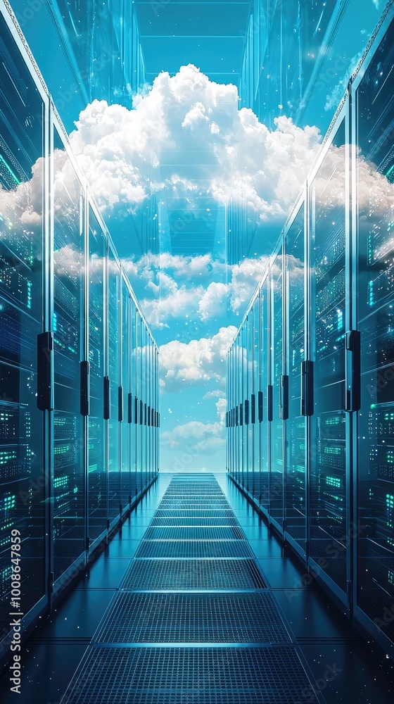 Poster a futuristic data center connecting to the cloud, showcasing servers and a vibrant sky filled with c