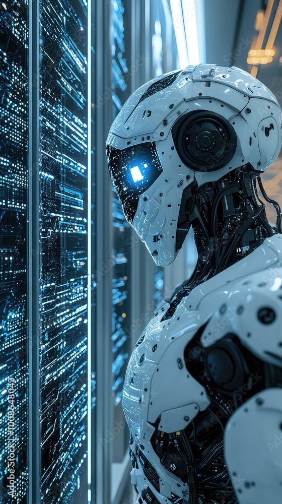 Poster a futuristic robot gazes at digital data streams, embodying advanced technology and artificial intel