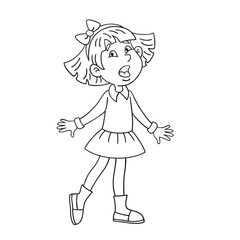 Little funny girl sings. Black and white cartoon picture. For coloring book. Isolated on white background. Vector illustration.