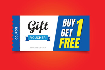 Gift voucher coupon with special bogo offer, buy 1 get 1 free gift voucher, BOGO gift voucher offer with red gradient background.