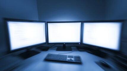 A dimly lit workspace featuring three computer monitors displaying bright screens and a keyboard during late night hours