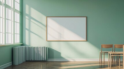 Obraz premium A serene interior space featuring a green wall, sunlight streaming through windows, and a blank whiteboard waiting for ideas.