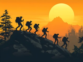 Fototapeta premium Mountaineers working as a teamwork, vector design