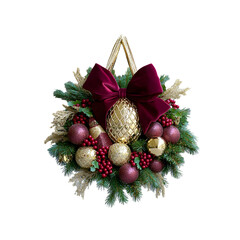 Luxurious Christmas wreath decorated with gold ornaments, red berries, and a deep burgundy bow. Perfect for holiday decor, adding a festive and sophisticated touch to any home or space.
