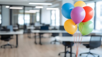 Colorful balloons brighten an empty office space during a celebration with a contemporary design and modern furnishings