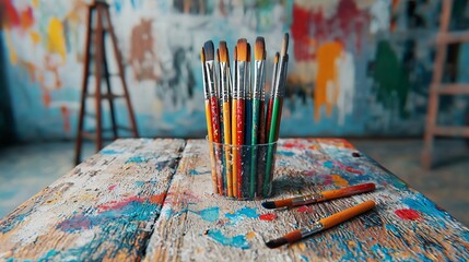 A vibrant arrangement of paintbrushes in a colorful art studio, showcasing creativity and artistic expression.