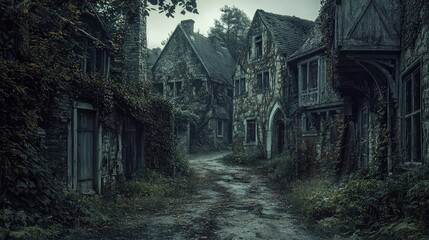 Obraz premium A haunting view of an abandoned village, featuring overgrown paths and crumbling stone houses under a moody sky.