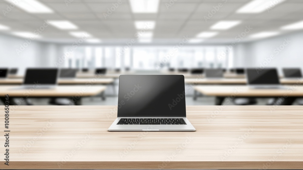 Poster modern workspace with a laptop on a wooden table in an open office during daytime, featuring multipl