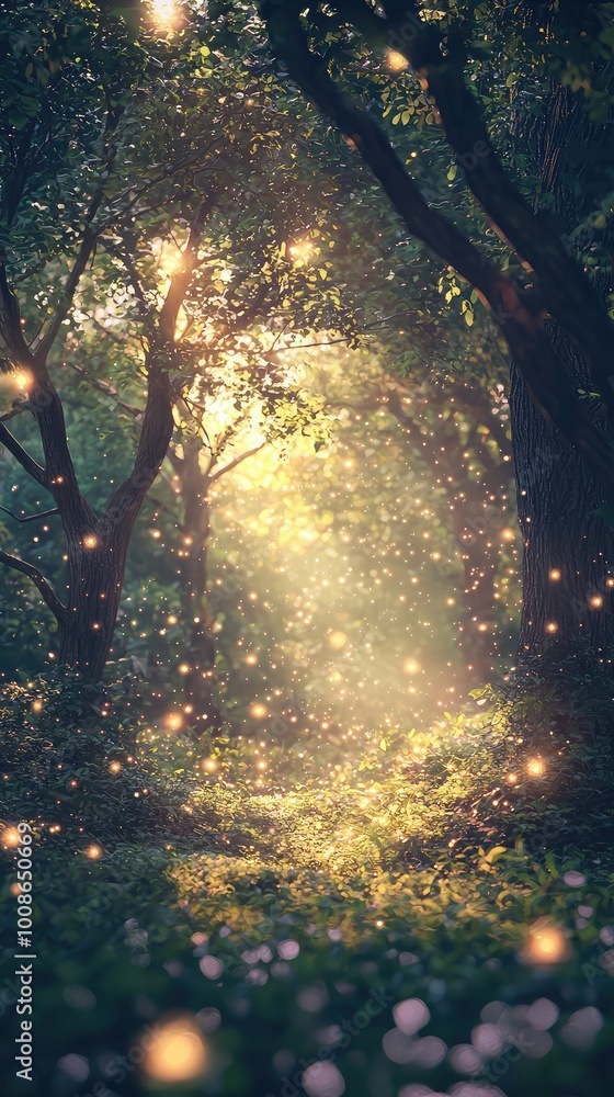 Poster a magical forest scene illuminated by soft light and floating particles, creating an enchanting atmo