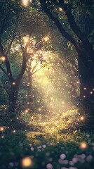 A magical forest scene illuminated by soft light and floating particles, creating an enchanting atmosphere for nature lovers.