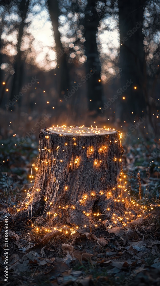 Poster a magical forest scene featuring a glowing tree stump adorned with twinkling lights, creating an enc