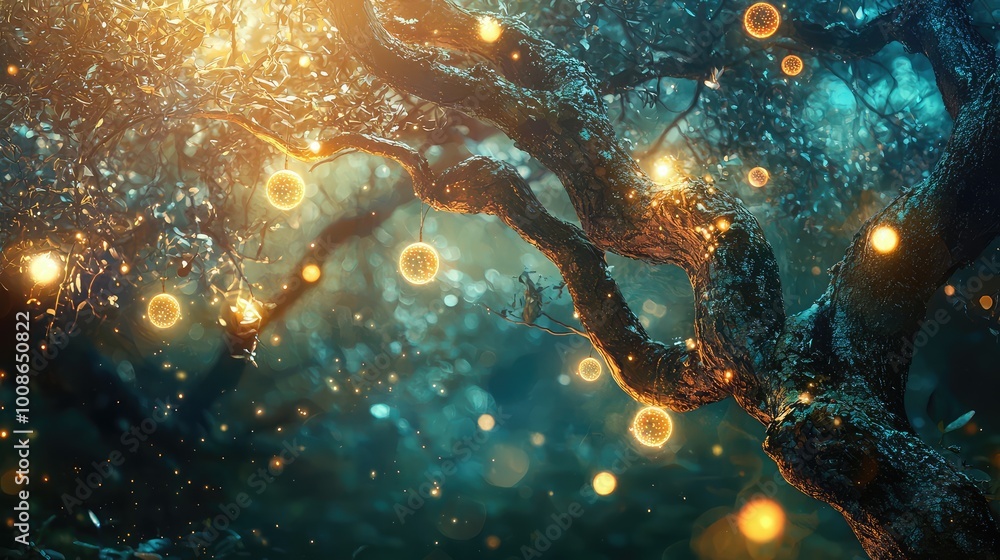 Poster a magical forest scene with glowing orbs and intricate branches, creating an enchanting and mystical