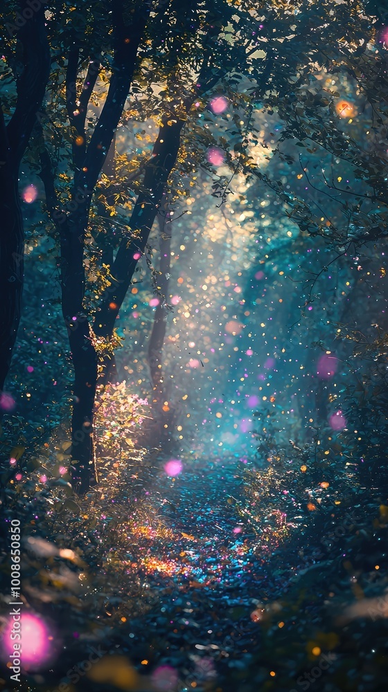 Poster a magical forest scene with soft sunlight filtering through trees, creating an enchanting atmosphere