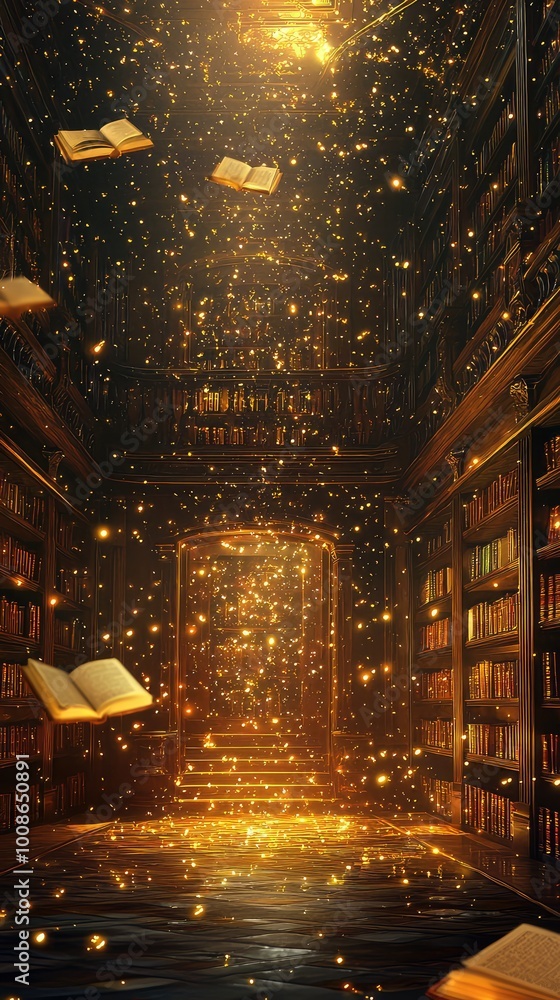 Poster a magical library filled with floating books and sparkling lights, inviting exploration and discover