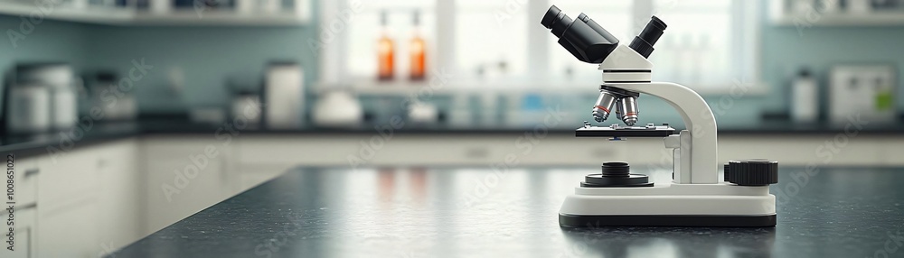 Poster close-up of a microscope in a modern laboratory, highlighting its intricate design and functionality