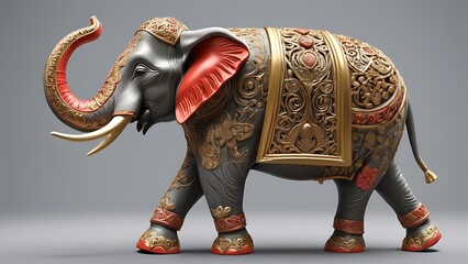 Obraz premium A 3D render of a decorative elephant with its trunk raised, symbolizing strength, good fortune, and protection, often displayed in homes for peace, power, and prosperity. 