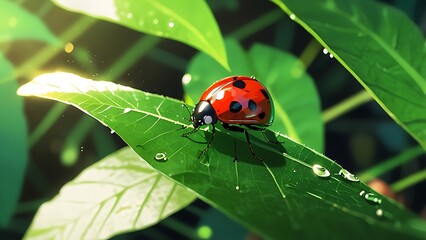 Fototapeta premium A 3D render of a vibrant red ladybug on a green leaf, symbolizing good luck, happiness, and positive energy, often considered a sign of future prosperity and success.