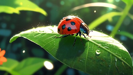 Obraz premium A 3D render of a vibrant red ladybug on a green leaf, symbolizing good luck, happiness, and positive energy, often considered a sign of future prosperity and success.