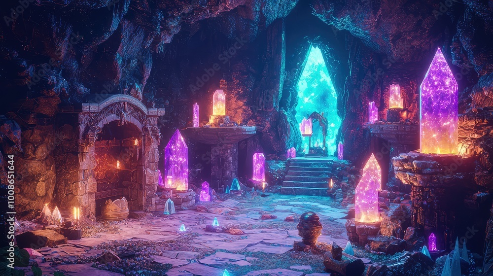 Poster a mesmerizing crystalline cave filled with colorful gems and luminous stones, creating a magical and