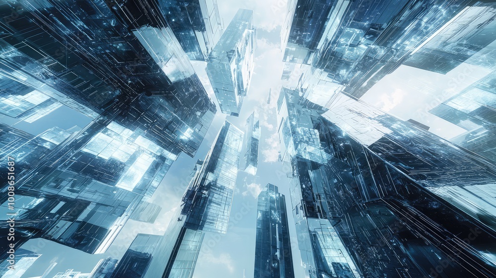 Poster a mesmerizing view of futuristic skyscrapers with a translucent design, capturing the essence of mod