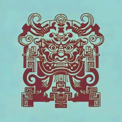 Wallpaper, tattoo, background illustration with burgundy ornament in Asian style.Isolated on light blue.