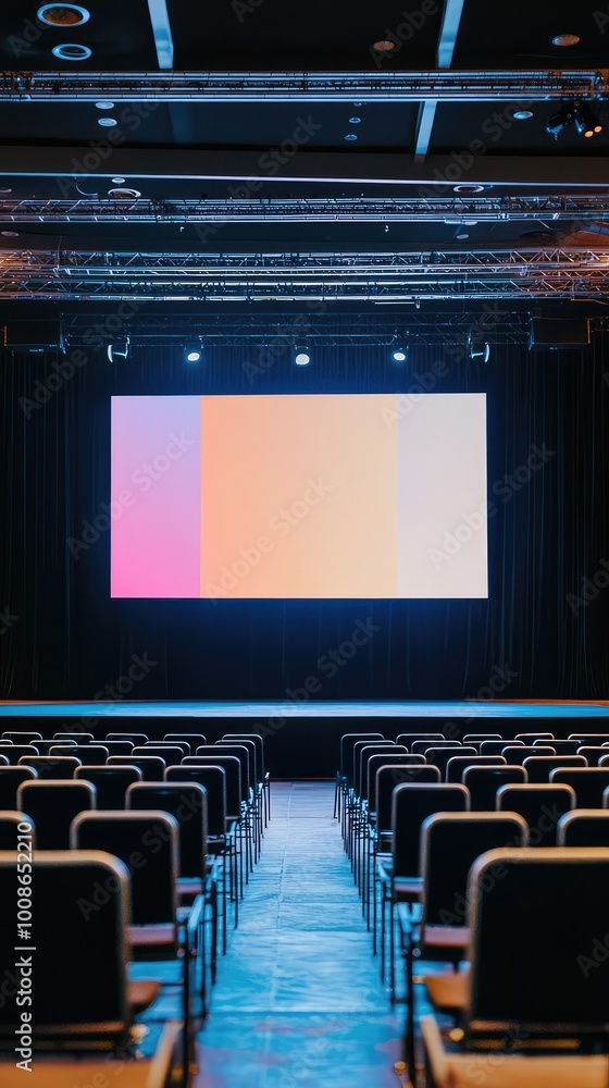 Poster a modern auditorium featuring empty seats and a large display screen, ready for a presentation or ev