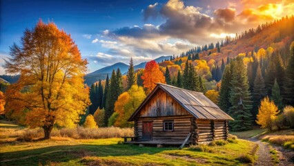 Rustic Old Cabin Design Surrounded by Trees with a Beautiful Natural Landscape in Soft Light