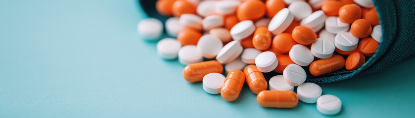 Close up of various medications, including orange and white pills, scattered on blue surface, highlighting importance of health management and medication adherence