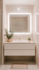 A modern bathroom interior featuring a sleek vanity, illuminated mirror, and decorative plants for a serene atmosphere.