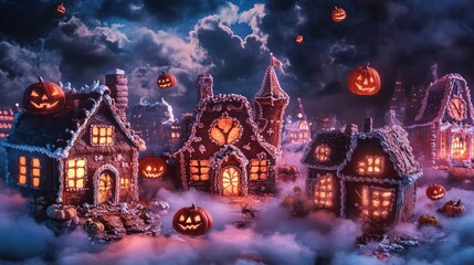 Obraz premium A whimsical Halloween village featuring gingerbread houses lit by glowing pumpkins and surrounded by a mystical, foggy atmosphere.