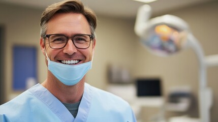 Male dentist smiling in dental clinic. Dentistry concept, healthy white teeth. Dentist in office.
