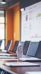 A modern conference room setup featuring a water bottle, charts, and graphs for a productive meeting environment.