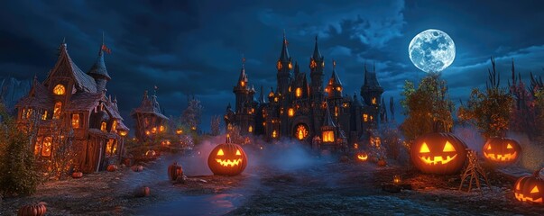Obraz premium A spooky Halloween scene featuring eerie castles, glowing pumpkins, and a full moon illuminating the night sky.