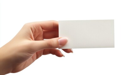 Obraz premium Womans hand holding blank business card., isolated on white. Empty space to insert your text.