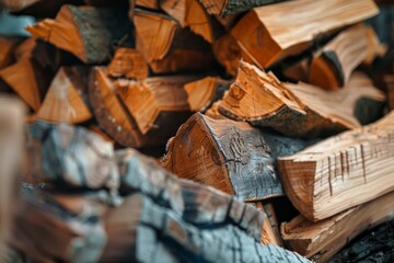 Photo of Big stack of chopped firewood outdoors. Background texture for backdrops or mapping
