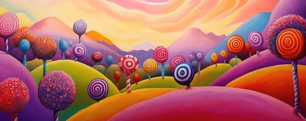 Colorful landscape with whimsical trees and swirls, set against a vibrant sky, creating a dreamlike environment filled with joy.