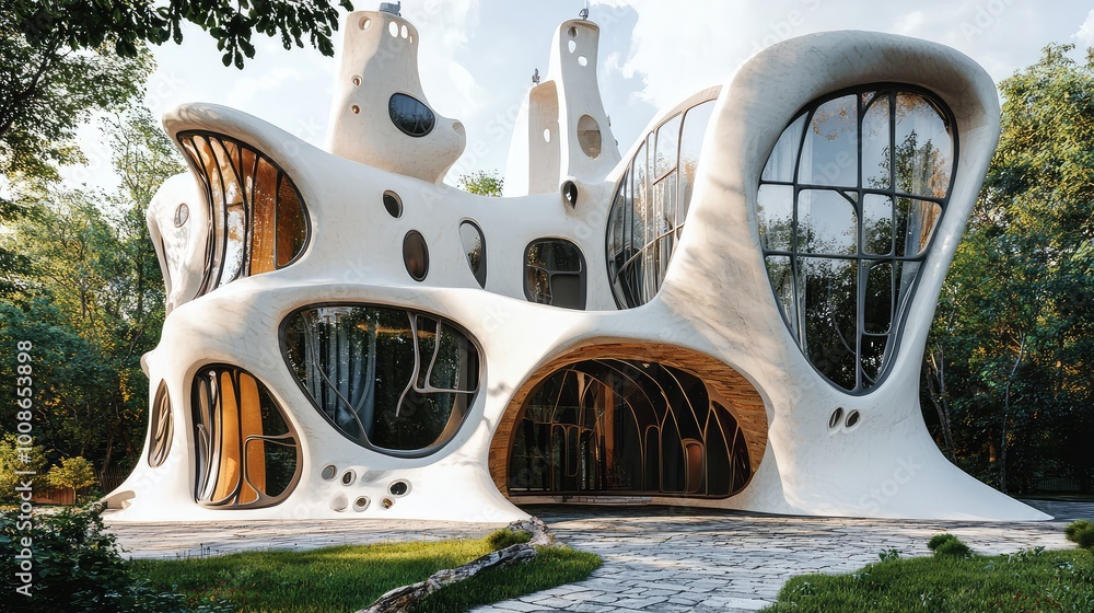 Poster a modern organic architecture design featuring a unique, fluid structure harmonizing with the surrou